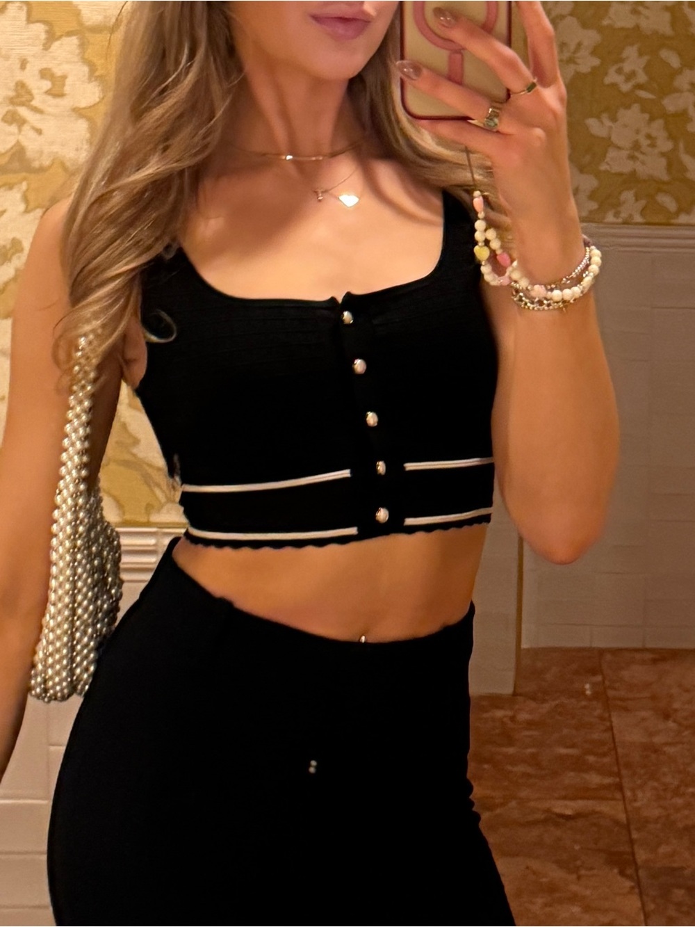 Babaton Black Cropped Knit Tank with White Trim